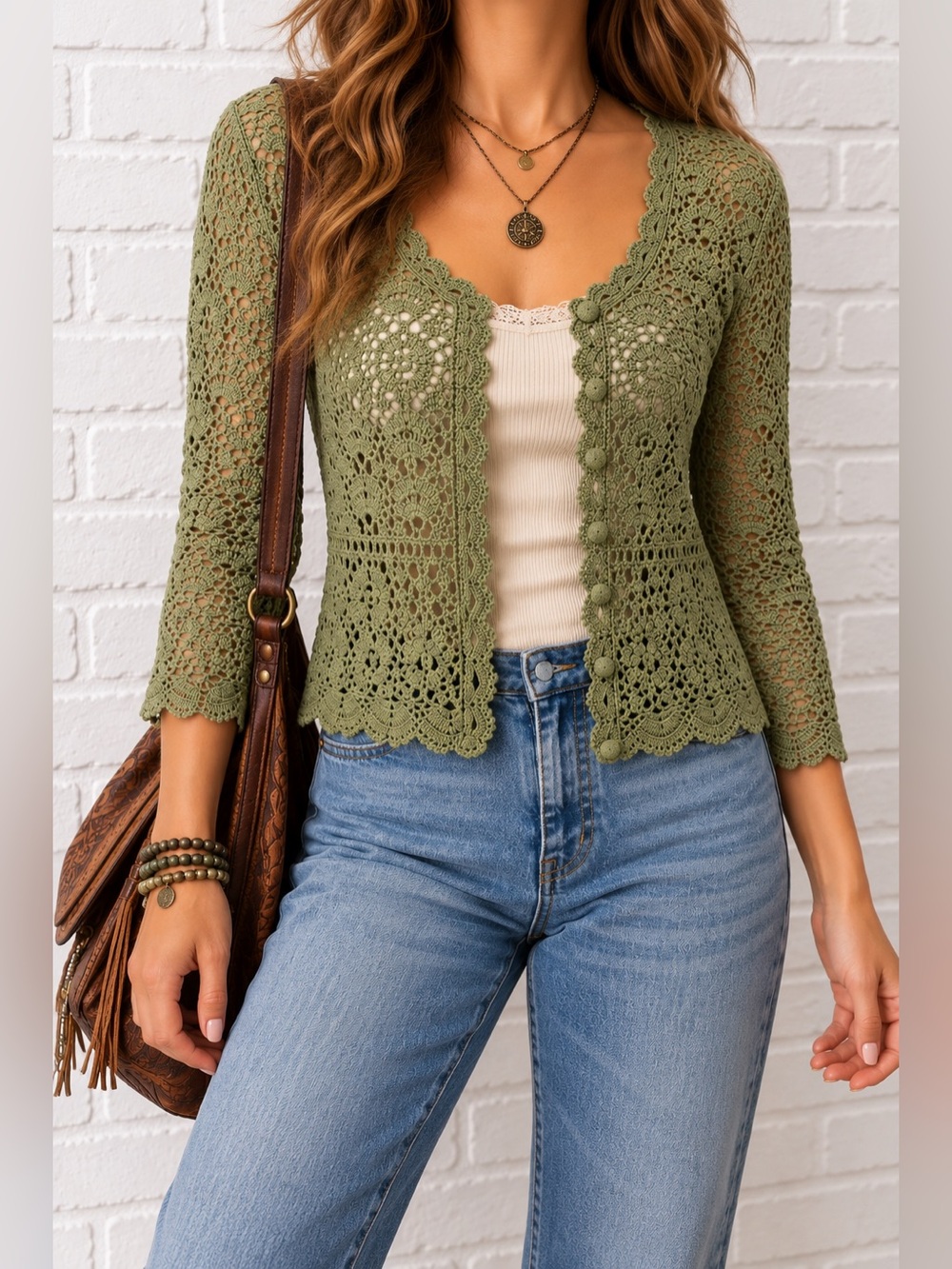 Vintage Y2K Corner Reading Green Crochet Cardigan S 100% Cotton Boho